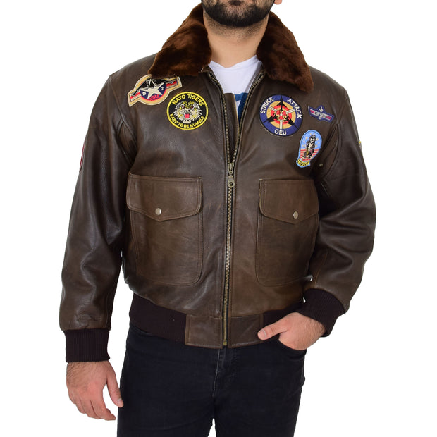 Mens Brown Bomber Leather Pilot Jacket Badges Sheepskin Collar Hawk