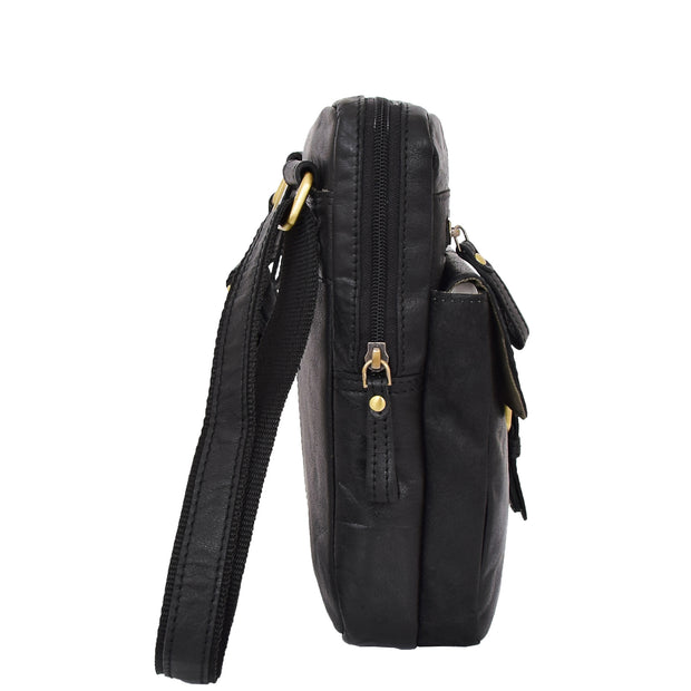 Genuine Black Leather Cross Body Bag Rugged Vintage Flight Bag Joel Side