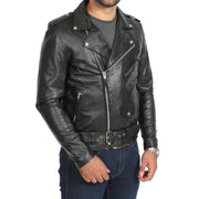 Mens Brando Biker Leather Jacket Elvis Black