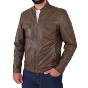 Mens Biker Leather Jacket Timber Brown Soft Nappa Fitted Standing Collar Tats Front 1