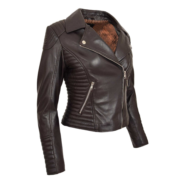 Womens Designer Leather Biker Jacket Fitted Quilted Coat Bonita Brown Front Angle 2