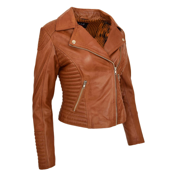 Womens Designer Leather Biker Jacket Fitted Quilted Coat Bonita Tan Front Angle 2