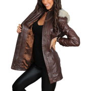 Womens Duffle Leather Coat Detachable Hood 3/4 Long Parka Jacket Mila Brown Lining