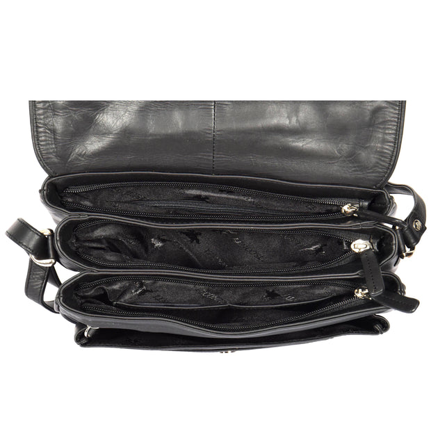 Womens Soft BLACK Leather Multi Zip Pockets Shoulder Bag A95 Top Open