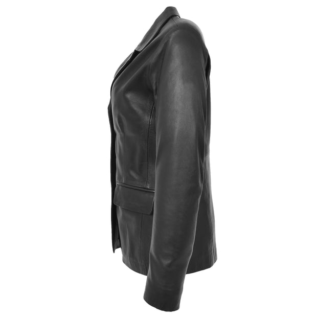 Womens Black Leather Blazer Classic Suit Dinner Jacket Style Coat Alana Side