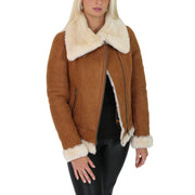 Super Luxurious Womens Real Sheepskin Jacket Aviator Coat Alexa Tan Open 3