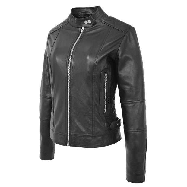 Womens Soft Black Leather Biker Jacket Designer Stylish Fitted Quilted Celeste Front Angle