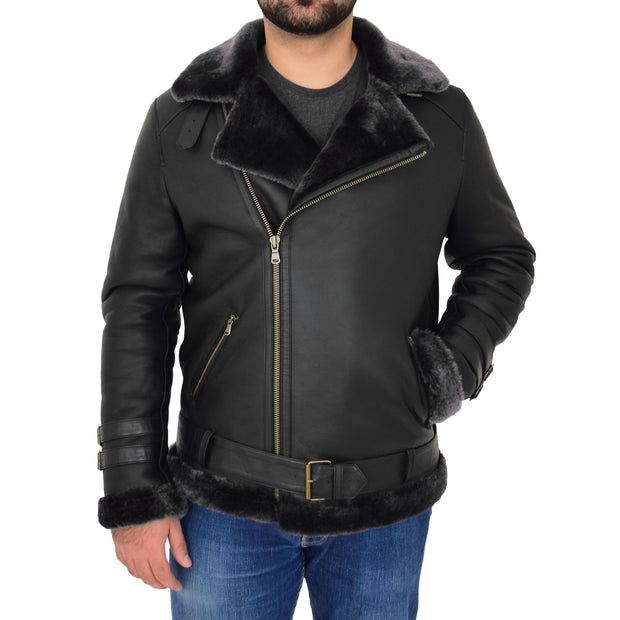 Mens Real Sheepskin Jacket Black X-Zip Aviator Brando Shearling Coat Hugh