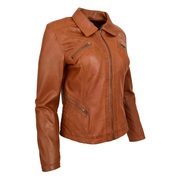 Ladies Soft Leather Jacket Fitted Collared Zip Fasten Biker Style Leah Tan Front Angle 2