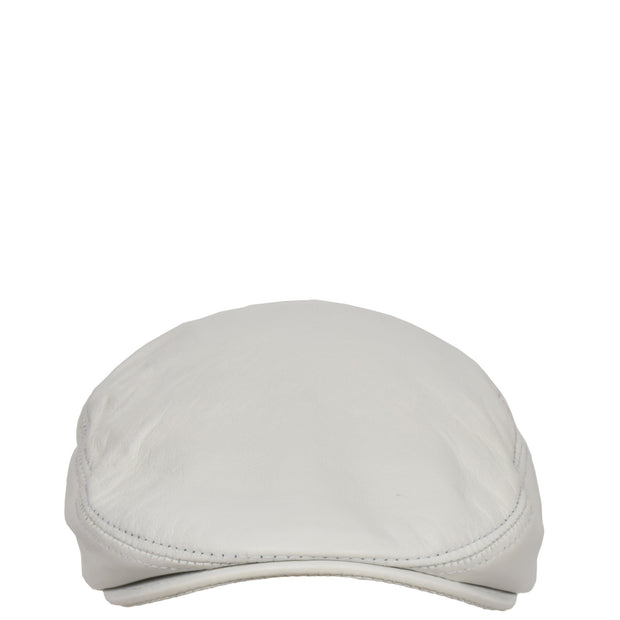 Genuine White Leather Flat Cap English Granddad Baker-boy Hat Arthur Front