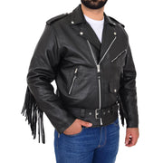 Mens Black Cowhide Biker Jacket With Leather Fringes Belt Tasselled Coat Bill