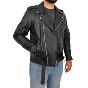 Genuine Cowhide Biker Leather Jacket For Men Casual Brando Coat Rock Black Open Side