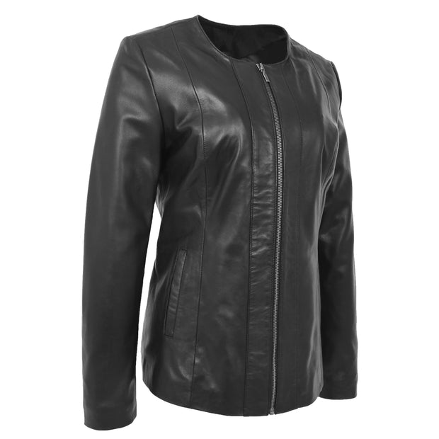 Womens Collarless Black Leather Jacket Round Neck Semi Fit Chelo
