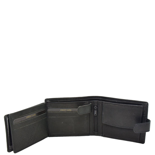 Mens Real Leather Bifold Clip Closure Wallet AV86 Black Open 3