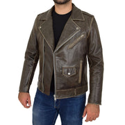 Mens Distressed Leather Biker Jacket Brown Vintage Rub Off Lex Open 3