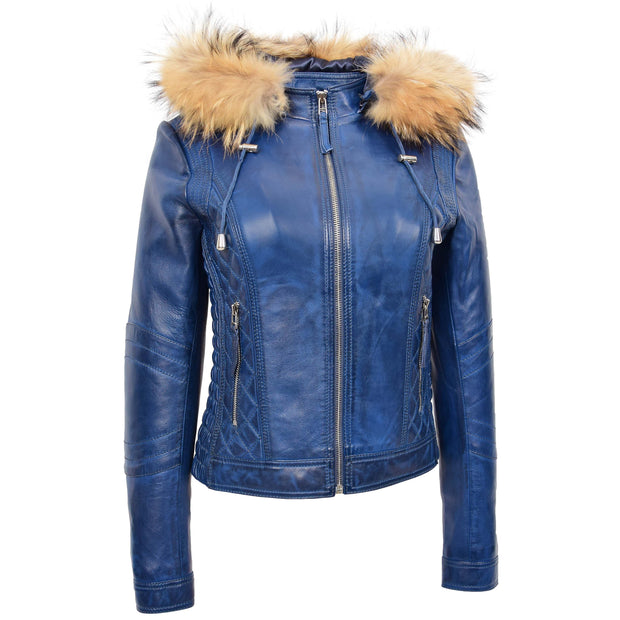 Womens Real Leather Biker Style Jacket Removable Hood Fitted Quilted Ally Blue