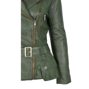 Womens Biker Leather Jacket Slim Fit Cut Hip Length Coat Coco Green Feature