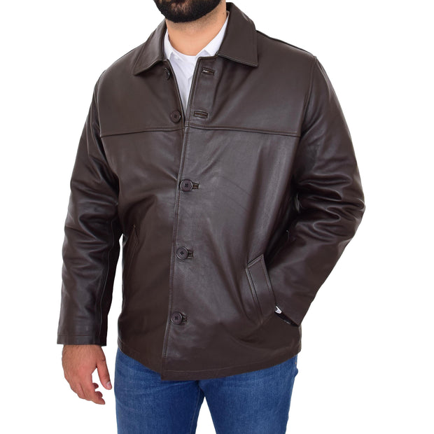 Gents Real Leather Button Box Jacket Classic Regular Fit Coat Luis Brown Front 2