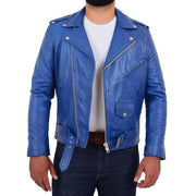 Genuine Cowhide Biker Jacket Heavy Duty Leather Brando Retro Coat Rock Blue Open 1