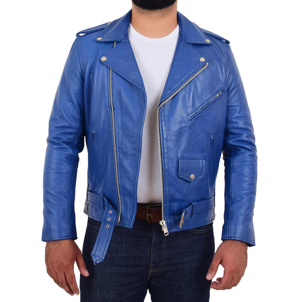 Genuine Cowhide Biker Jacket Heavy Duty Leather Brando Retro Coat Rock Blue Open 1