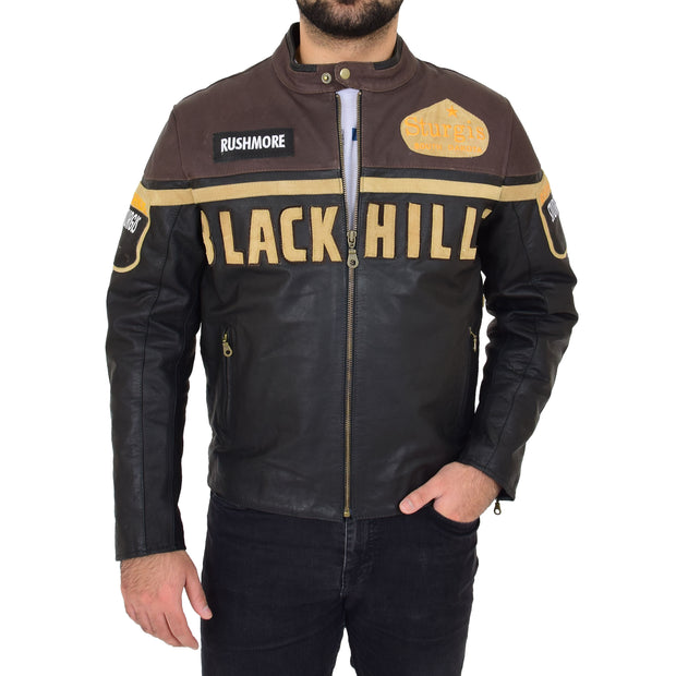 Mens Waxed Cowhide Biker Leather Jacket Badges Stripes Logos Tank Black Brown Front Zip Up