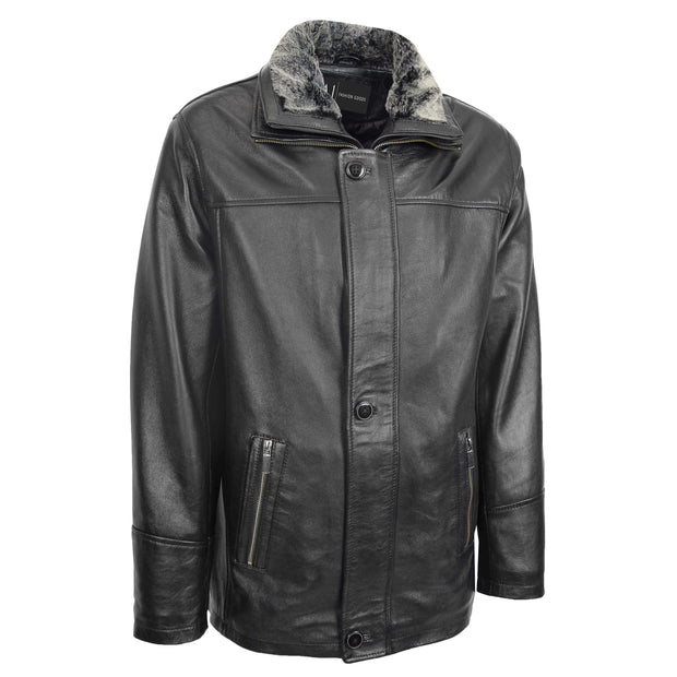 Mens 3/4 Long Leather Box Jacket Soft Parka Car Coat HARVEY Black 5