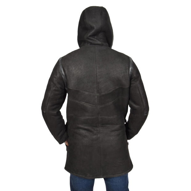 Mens Genuine Sheepskin Duffle Coat 3/4 Long Hooded Jacket Ace Black Back 2