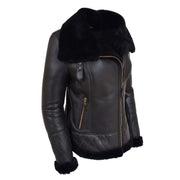 Super Luxurious Womens Real Sheepskin Jacket Aviator Coat Alexa Black Front 2