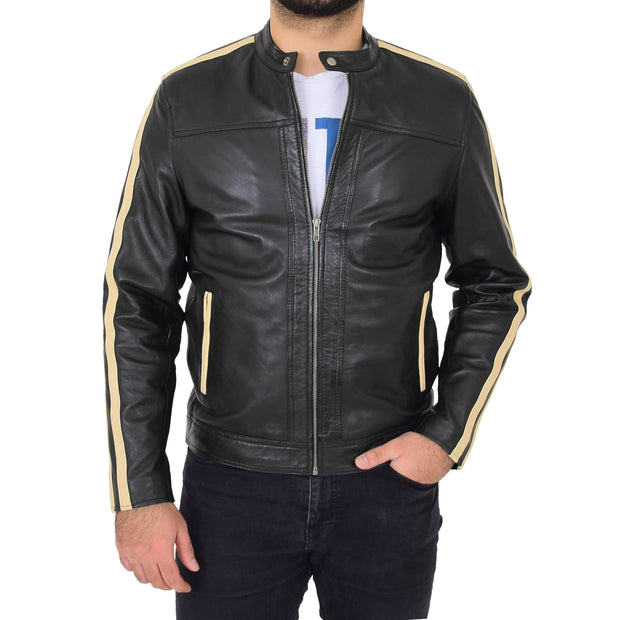 Mens Black Leather Biker Casual Contrasting Stripes Jacket Butch
