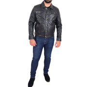 Mens Trucker Soft Leather Jacket Western Denim Style Coat Bond Black 3
