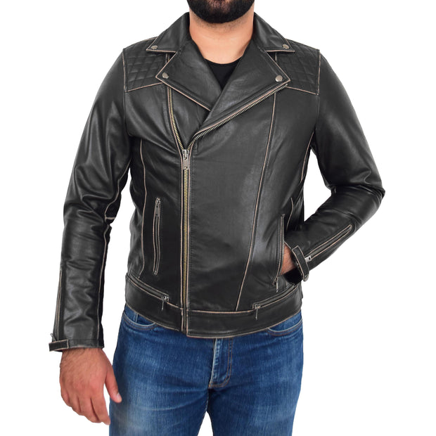Mens Slim Fit Rub Off Biker Leather Jacket Brando Distressed Rugged Cowhide Cruz