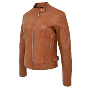 Womens Soft Tan Leather Biker Jacket Designer Stylish Fitted Quilted Celeste Front Angle
