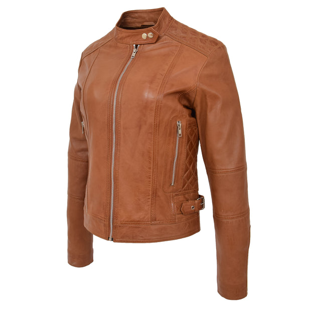 Womens Soft Tan Leather Biker Jacket Designer Stylish Fitted Quilted Celeste Front Angle