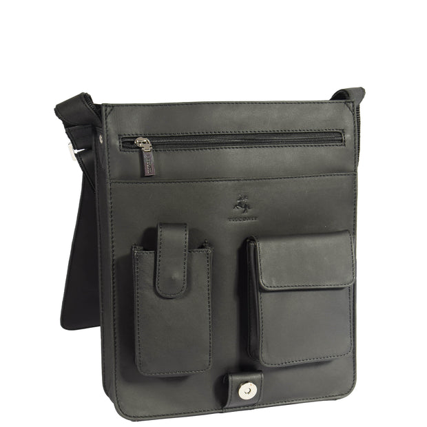 Gents Leather Messenger Shoulder Cross Body News Boy Bag A41 Black Front Open