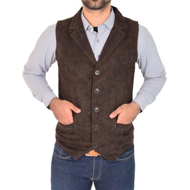 Mens Real Suede Leather Waistcoat Classic Vest Yelek Status Brown Front 3