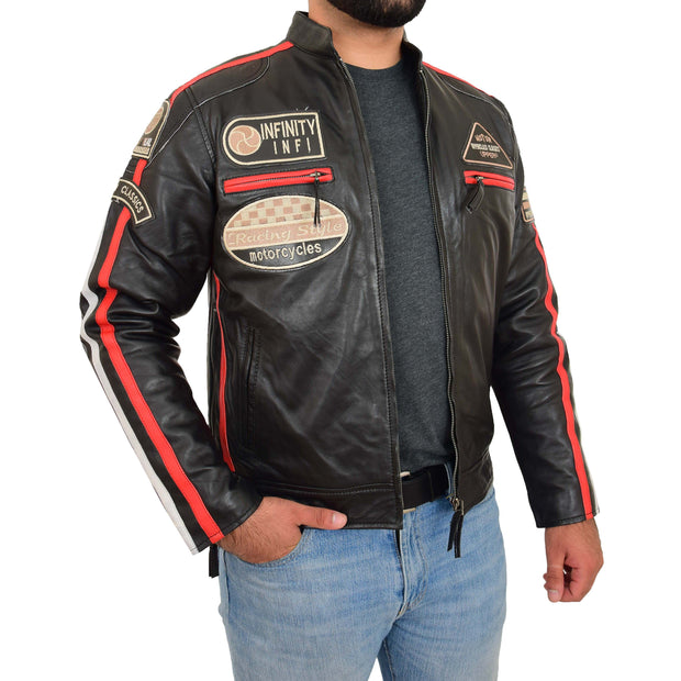 Mens Black Real Leather Biker Jacket Motorsport Racing Badges Designer Coat Frank Open Side 2