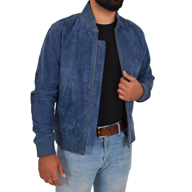 Mens Soft Goat Suede Bomber Varsity Baseball Jacket Blur Blue Open 4