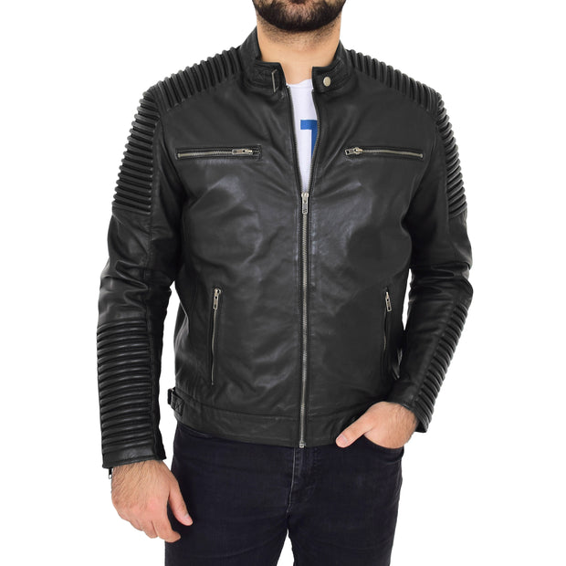 Mens Soft Black Leather Biker Quilted Stitching's Jacket Toby