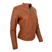 Womens Fitted Leather Biker Jacket Casual Zip Up Coat Jenny Tan Front Angle 1