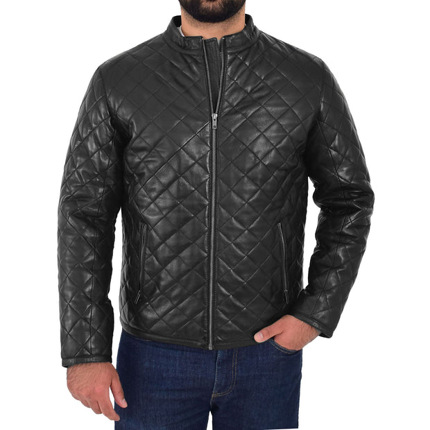 Mens Leather Puffer Jacket Black Padded Stand-up Band Collar Anorak Kyle