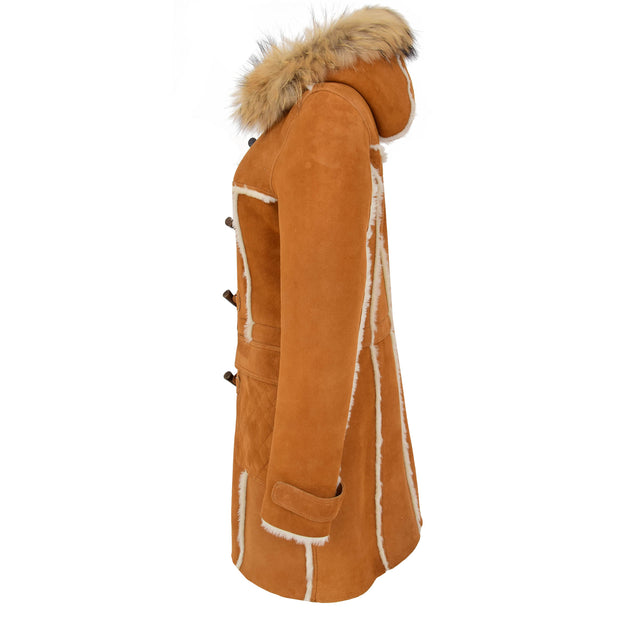 Womens Genuine Sheepskin Duffle Coat Hooded Shearling Jacket Evie Tan Side