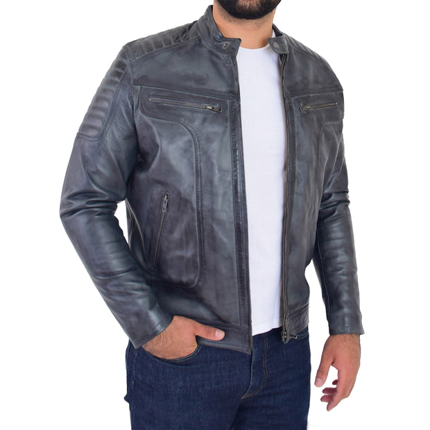 Trendy Genuine Soft Leather Biker Zipper Jacket For Men Rider Grey Front 5
