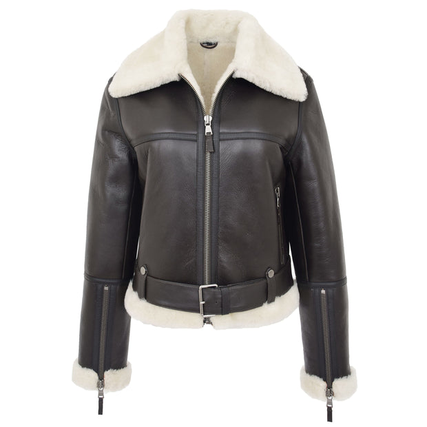 Womens Luxurious Brown Genuine Sheepskin Flying Jacket White Shearling Harriet