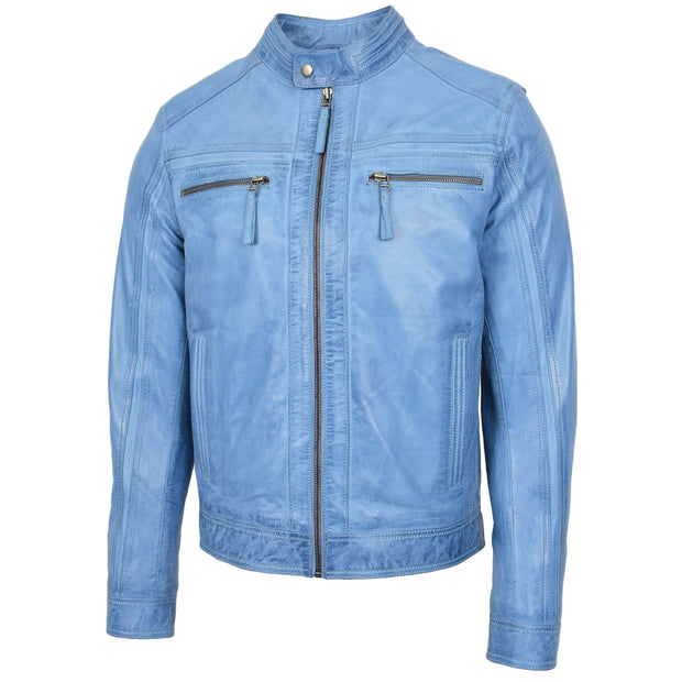 Mens Leather Biker Jacket Vintage Band Collar Fitted CALVIN Sky Blue 5