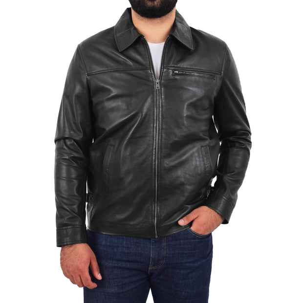 Mens Leather Jacket Genuine Soft Black Zip Fasten Box Style Sean Front 1