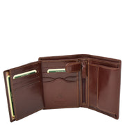Gents Real Leather Bifold Large Wallet Cards Notes Coins Purse AVZ3 Brown Open 3