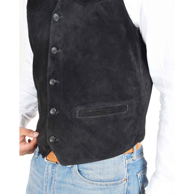 Mens Real Suede Leather Waistcoat Classic Vest Gilet Cole Black Feature
