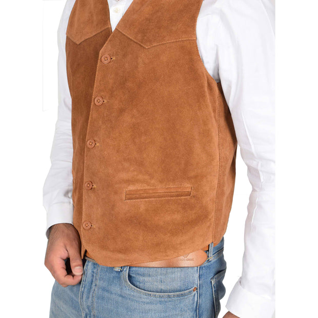 Mens Real Suede Leather Waistcoat Classic Vest Gilet Cole Tan Feature
