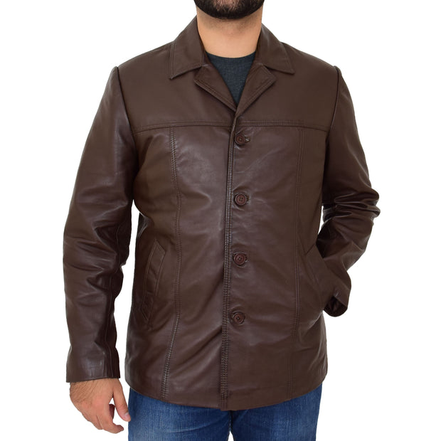 Mens Casual Leather Jacket Hip Length Brown Reefer Blazer Coat Harold Front 1