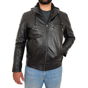 Mens Real Black Leather Hooded Jacket Sports Fitted Biker Style Coat Barry